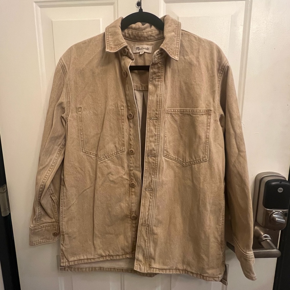 Madewell tan khaki denim jean jacket over shirt